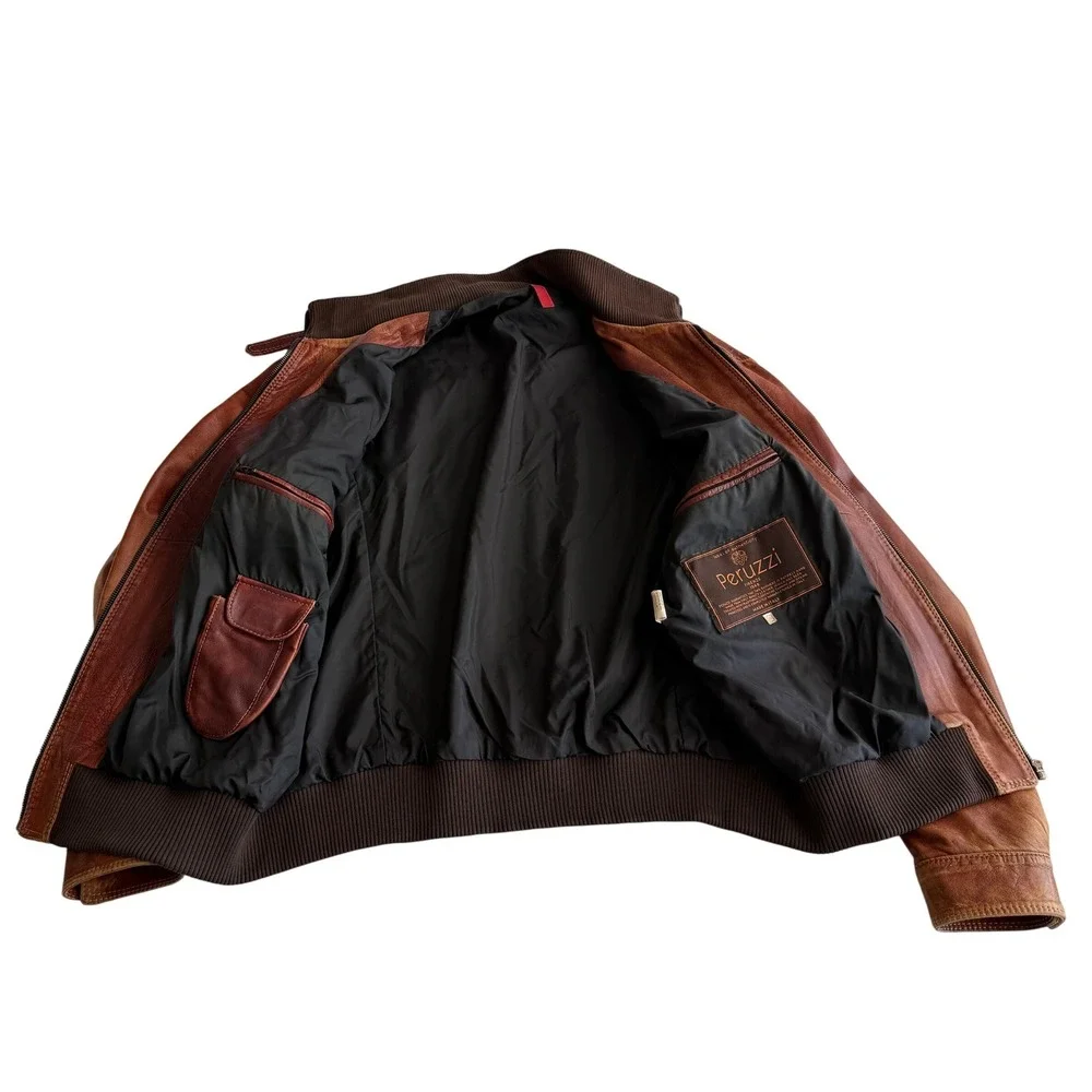 Peruzzi VTG Italian Distressed Leather‎ Cognac Brown Bomber Jacket IT 56 US XL